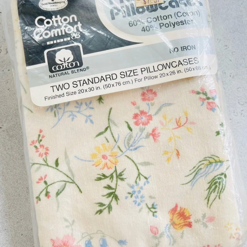 NOS Vintage Cotton Comfort By BIBB Flannelette Pillowcases Two Standard Floral